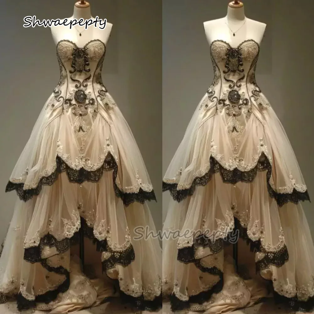 Champagne and Black Gothic Wedding Dress Lace Appliques Beaded Tiered Long Sweetheart Bridal Gown Customized