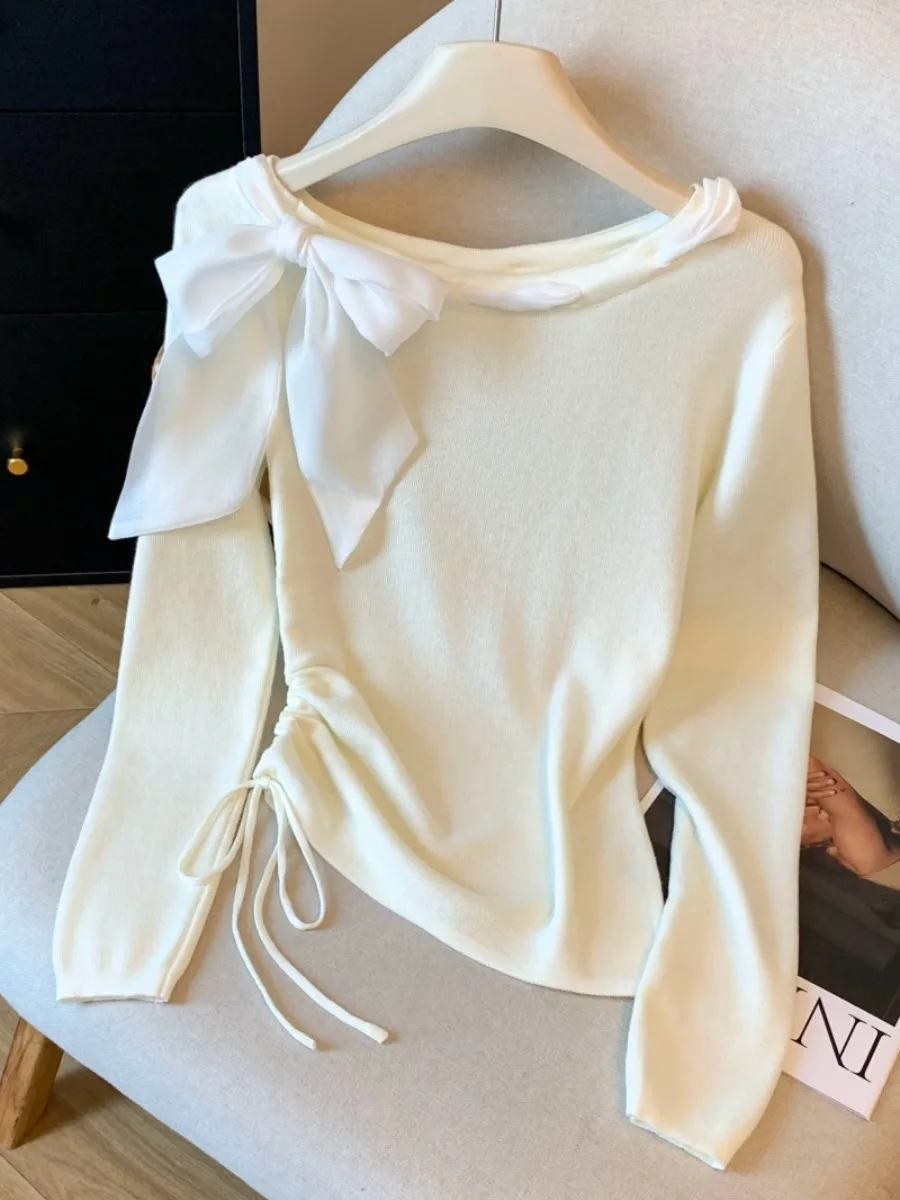 Nó amarrado longo sve malha arco feminino fino ajuste superior dstring cintura design início do outono faion sense irt