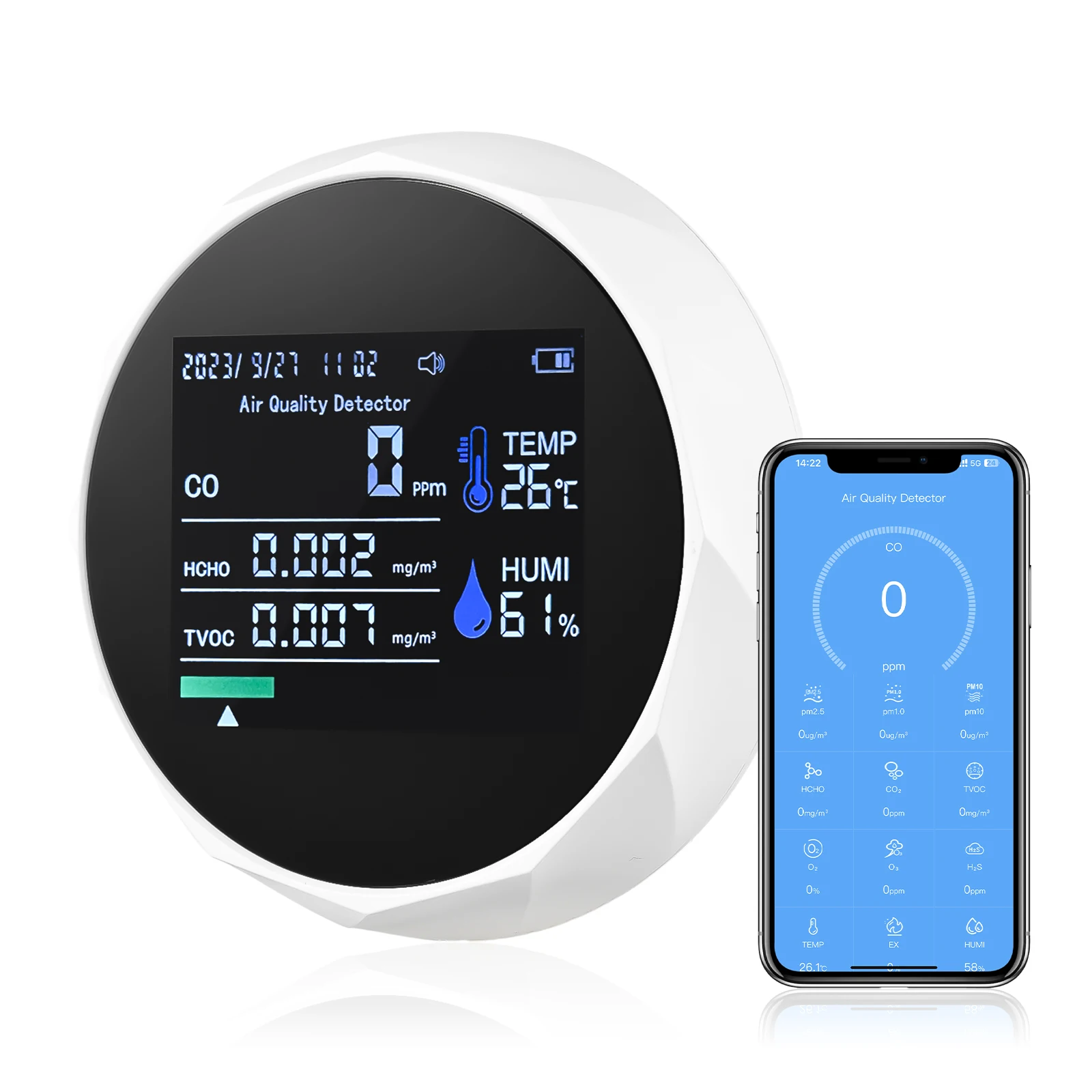 5-in-1 Mini Air Quality Monitor Bluetooth APP High Accuracy TVOC HCHO Temperature Humidity CO Gas Detector Alarm Sensor for Home