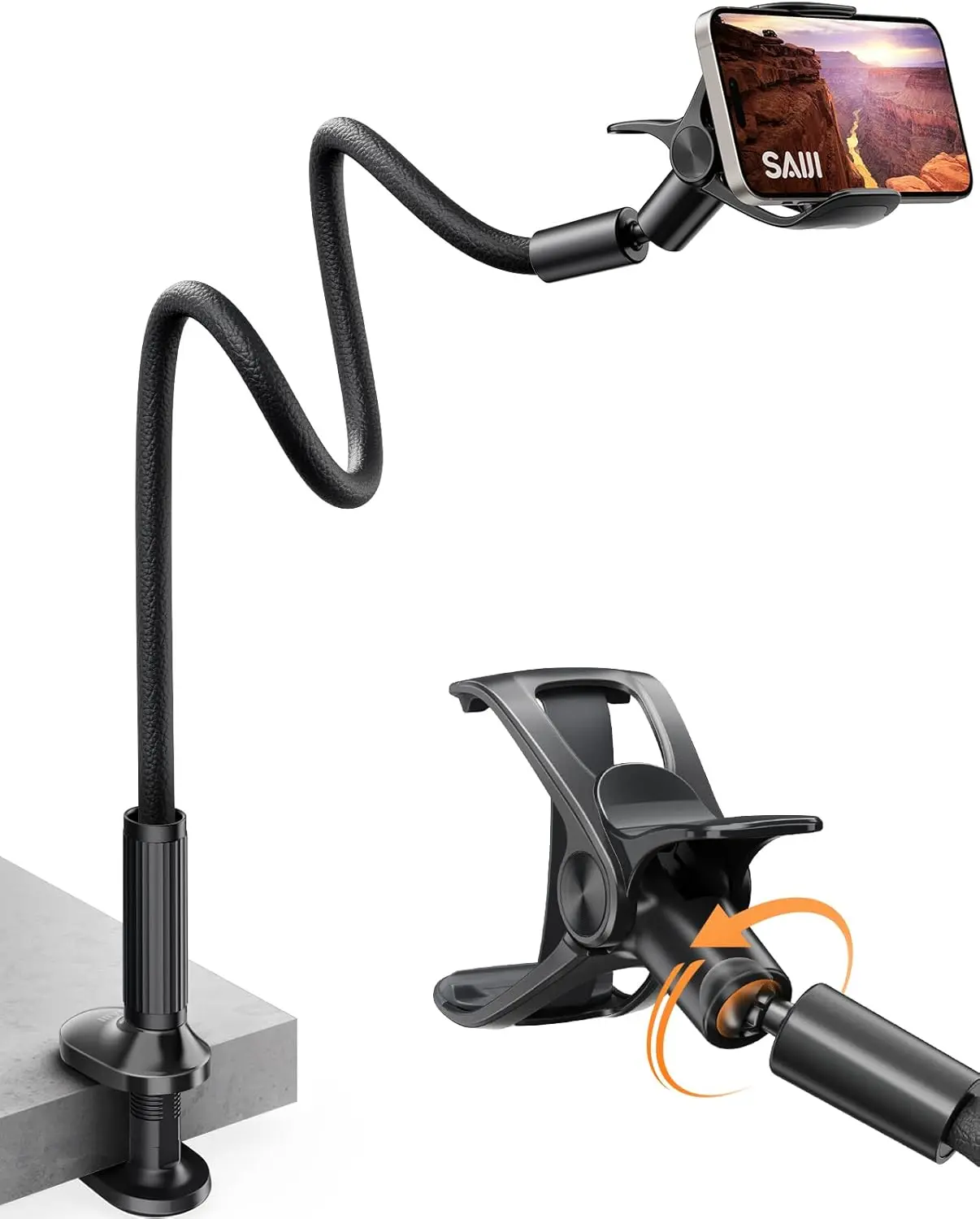 

Flexible Gooseneck Phone Holder for Bed, 38.6" Leather-Wrapped Arm with 360° Adjustable Clamp, Fits All 4-7" Devices