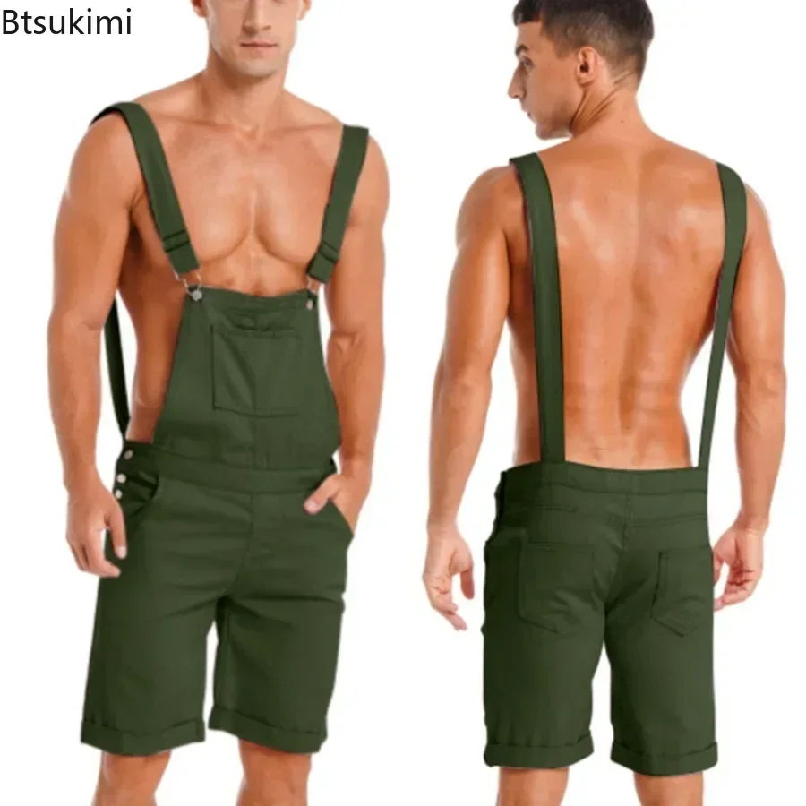 Fashion New Men\'s Vintage Overalls Jumpsuit Cargo Work Short Pants Summer Loose Casual Romper Men Bib Stitch Trousers Streetwear