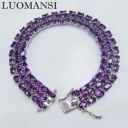 Luomansi 92pcs 3*5MM Three Row Natural Amethyst Bracelet 17CM100%-S925 Sterling Silver Jewelry Anniversary Party Gift