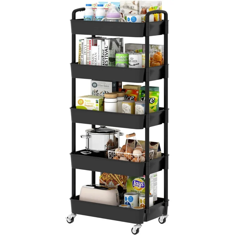 5-Tier Plastic Rolling Utility Cart with Handle, Multi-Functional Storage Trolley for Office, Living Room, Kitchen