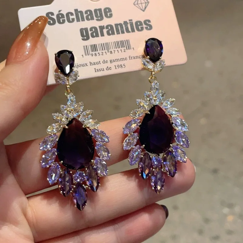 Luxury Gorgeous Gradient Color Purple Crystal Water Drop Earrings For Women Trendy Zircon Ear Jewelry Party Daily Accessory Gift