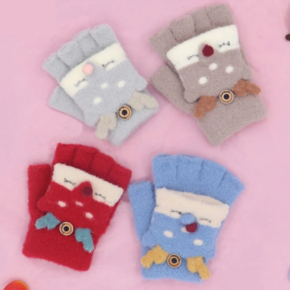 Cartoon Thick Kids Gloves Breathable Cold-proof Knitting Mittens Winter Warm Fingerless Gloves Boys Girls
