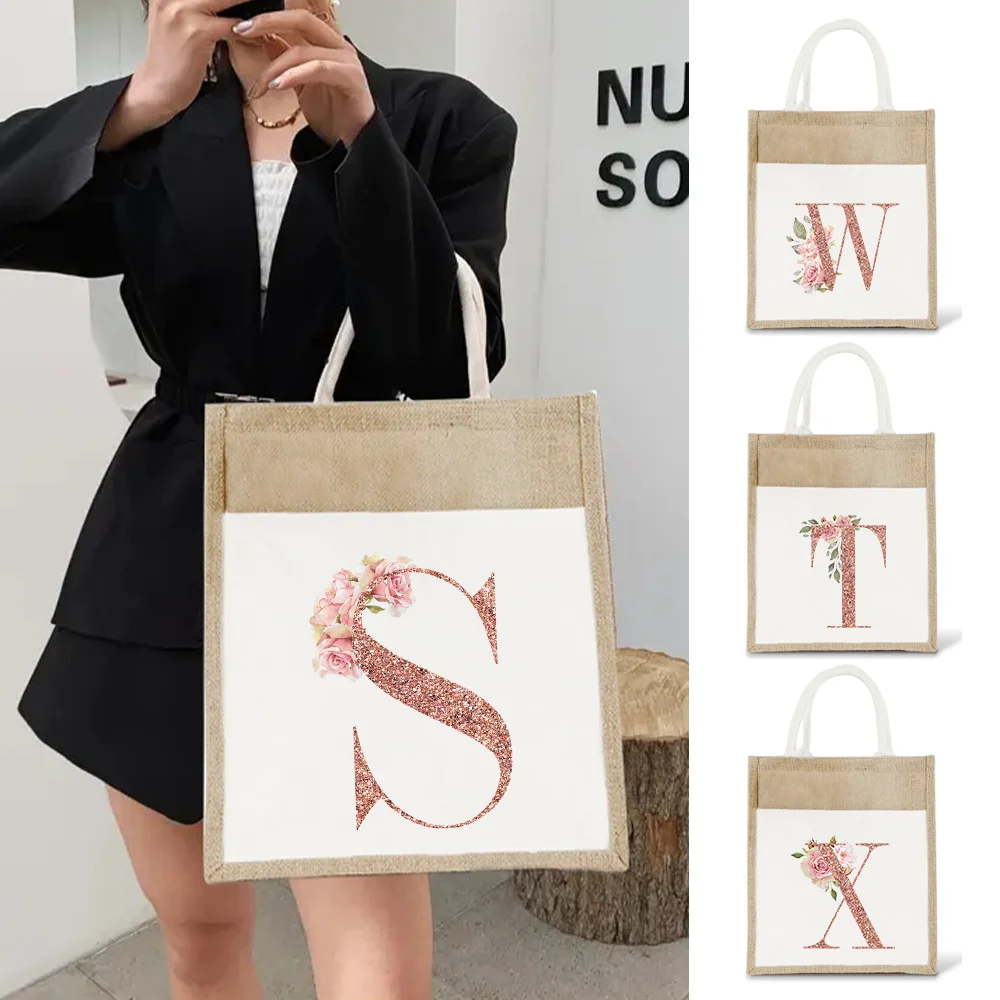 

Jute Bag Reusable Shopping Bag Lightweight Beach Handbags Shopper Purses Rose Gold Pattern High Capacity Top Handle Grocery Bags