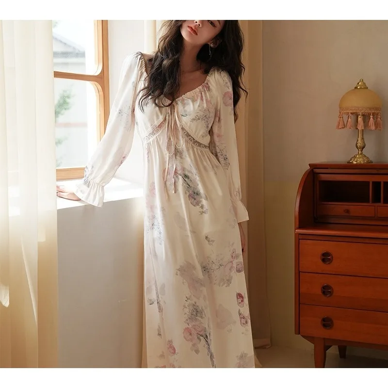 

Women's Summer Silk Pajamas Set Elegant Princess Style Long Mulberry Silk Dresses Lounging Outdoor Indoor Sleep Wear XL Size
