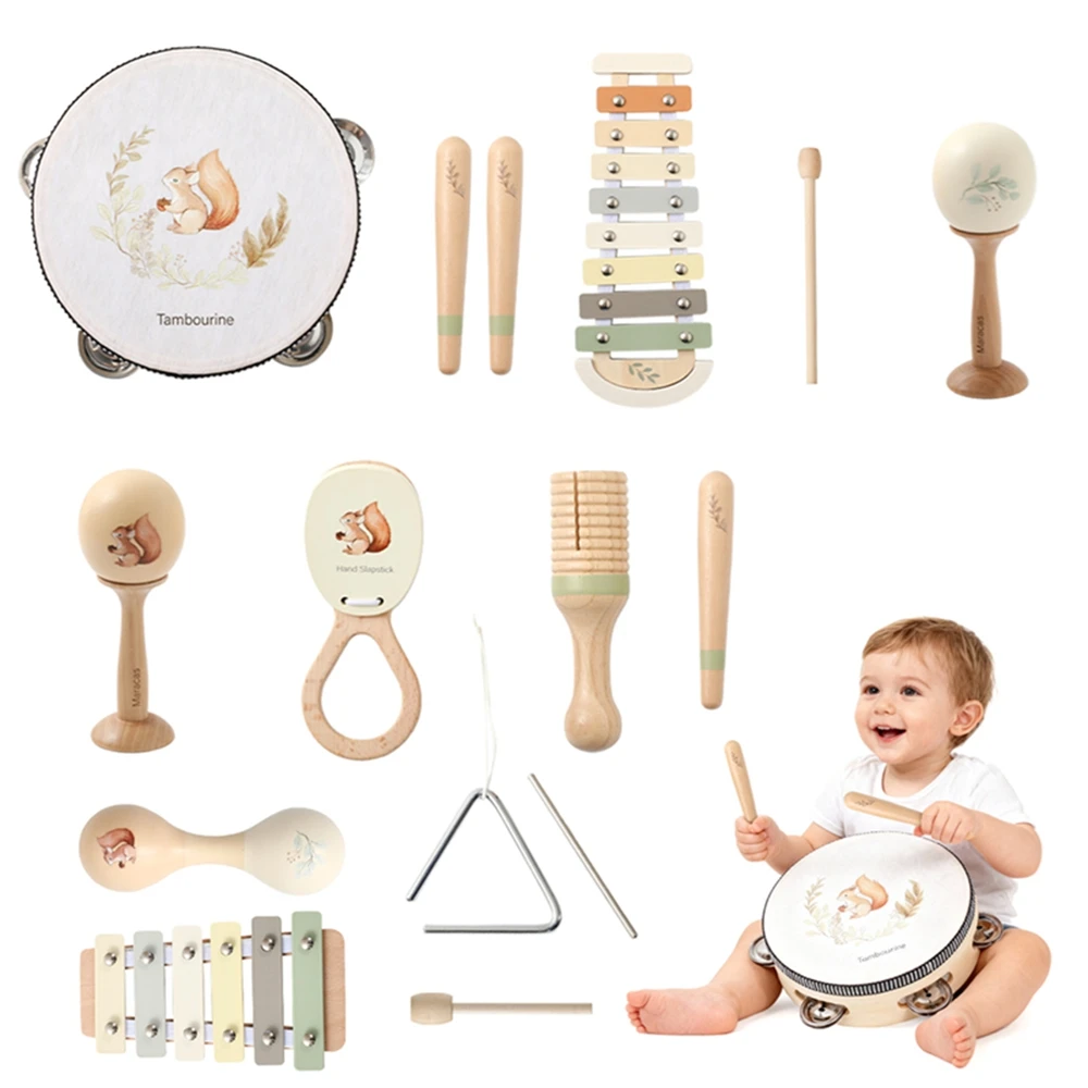 Brinquedos Musicais para Bebês de 0 a 12 Meses Instrumentos de Música Montessori Tambor Xilofone Brinquedos Educativos de Madeira para Crianças