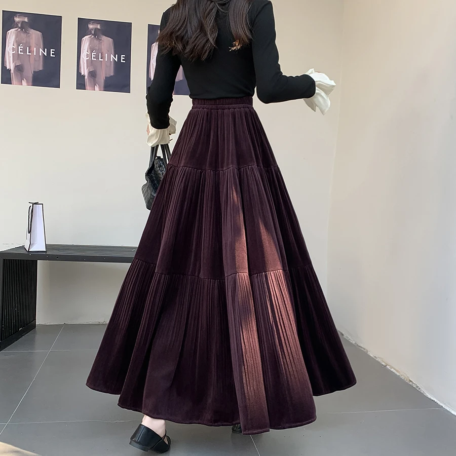 

Design Sense Pleated Velet Skirt For Women Autumn Winter New Item Elastic Waist Solid Color Large Swing A-Line Elegant Skirt