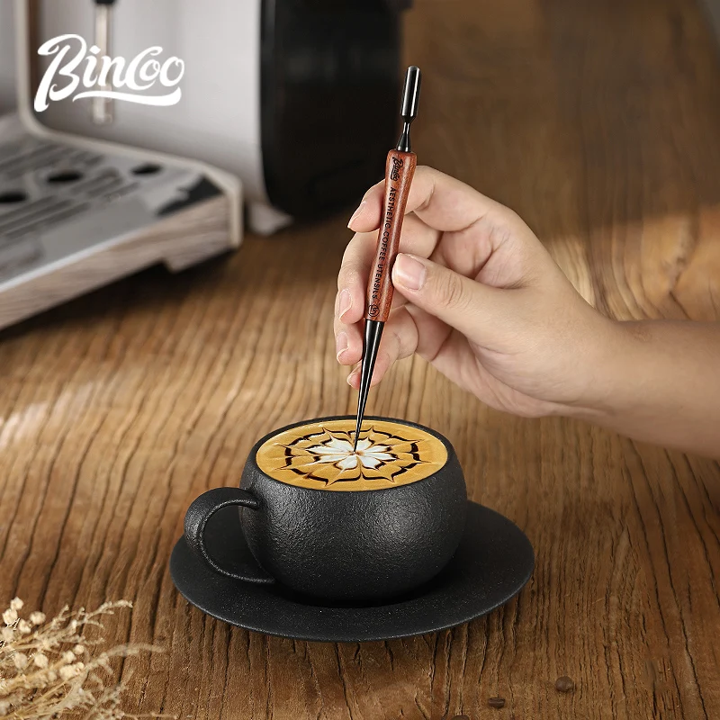 Bincoo Coffee Latte Art Needle Red Rosewood Stainless Steel Titanium-Plated Carving Needle Fancy Professional Hook Pattern Italian Style Supporting Equipment