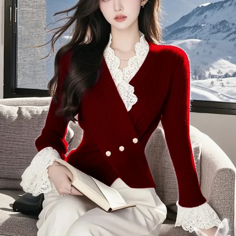 

Fashion Design Sense Lace Patchwork Sweater for Women Spring Autumn 2026 New Wine Red Korear Woman Knitwear Top Pullover Shirt