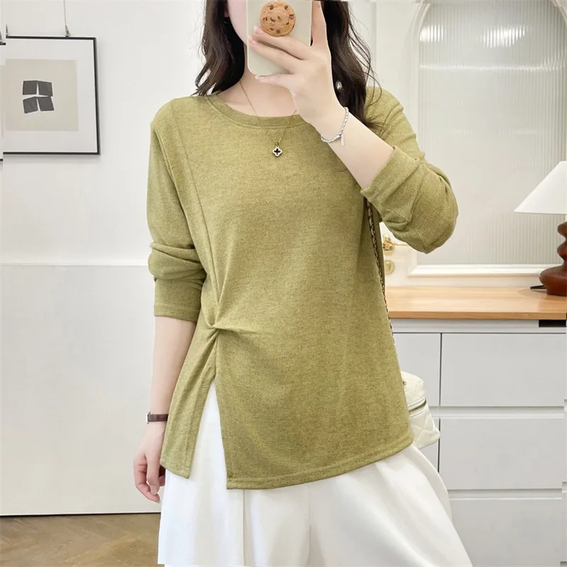 Women Design Twist Split Hem Top Autumn Stylish Long Sleeve T Shirt Base Shirt