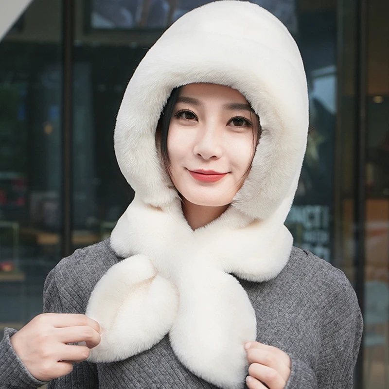 Fashion Winter Hat for Womens Hooded Face Mask Fluff Keep Warm Thicken Style Neck Scarf Hooded Cap Beanie Knitted Neck Warmer