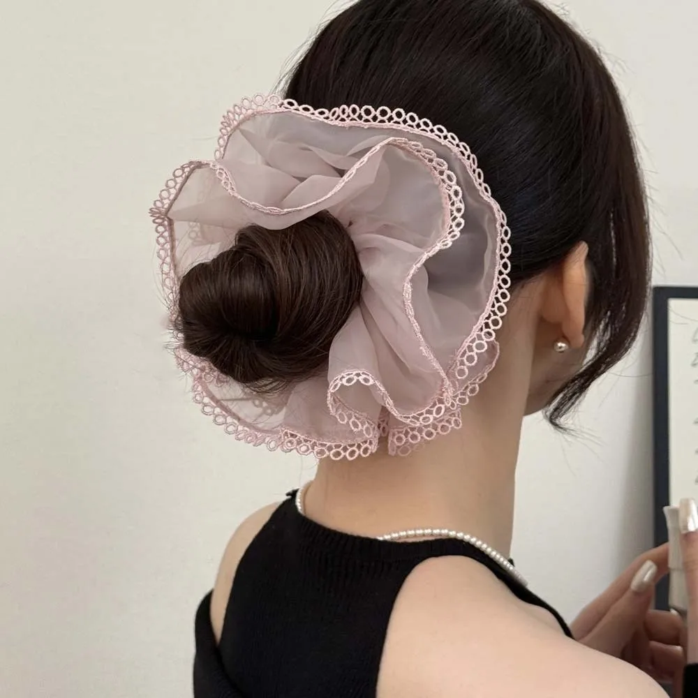 

Elastic Lace Trim Mesh Scrunchie Solid Color Headwear Large Intestine Hair Ring Korean Style Sweet Bun Rubber Bands Hair Band