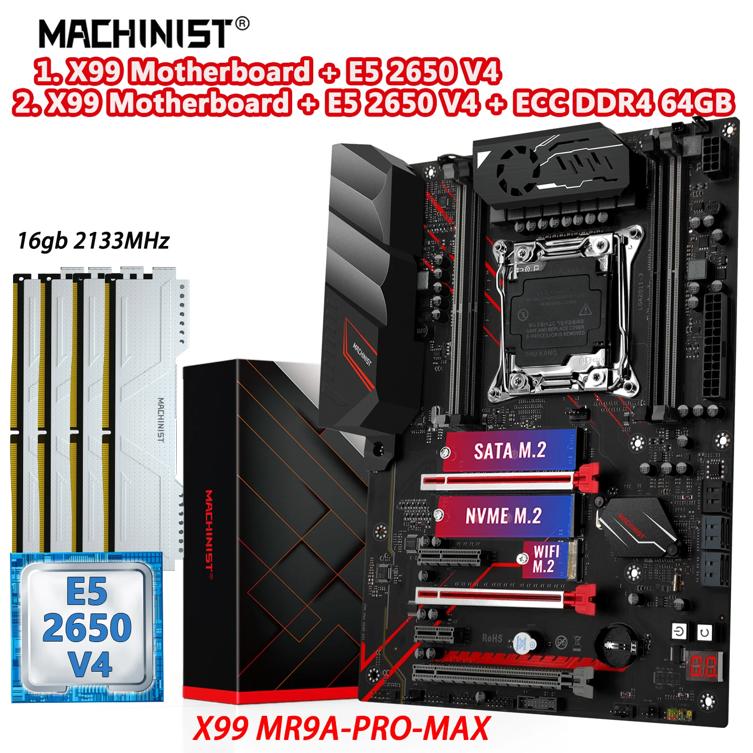 MACHINIST MR9A PRO MAX X99 Motherboard Set Kit Xeon E5 2650 V4 CPU Processor LGA 2011-3 4*16GB DDR4 RAM 2133MHz Memory NVME M.2