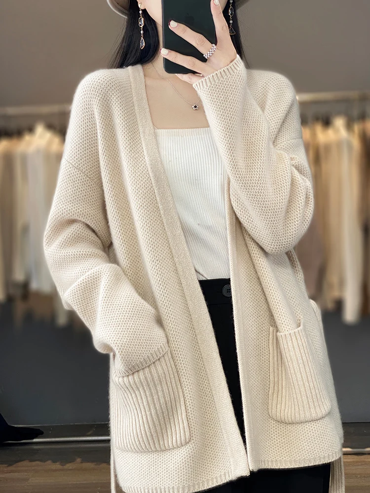 Women Cardigan V-neck Belt Solid 100% Merino Wool Sweater Soft Warm Autumn Winter Cashmere Knitwear Female Grace Clothing Tops