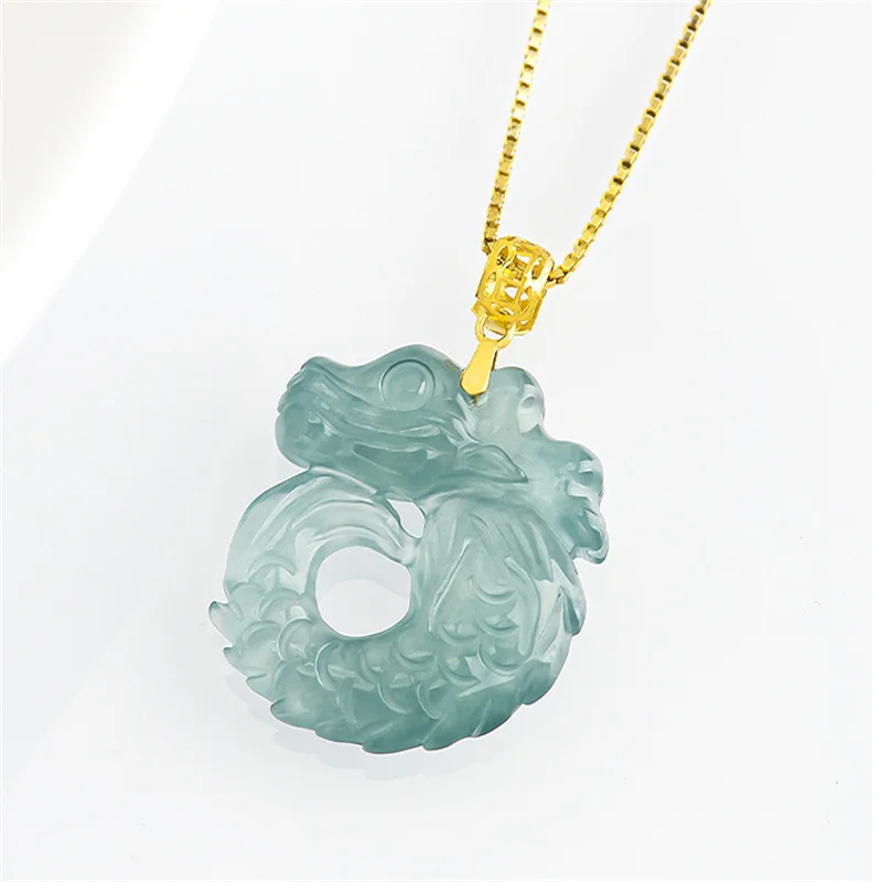 JiaLe/18K Gold Inlaid Natural Jade Blue Water Auspicious Dragon Fish Necklace Pendant High Jewelry Accessories Women Couple Gift