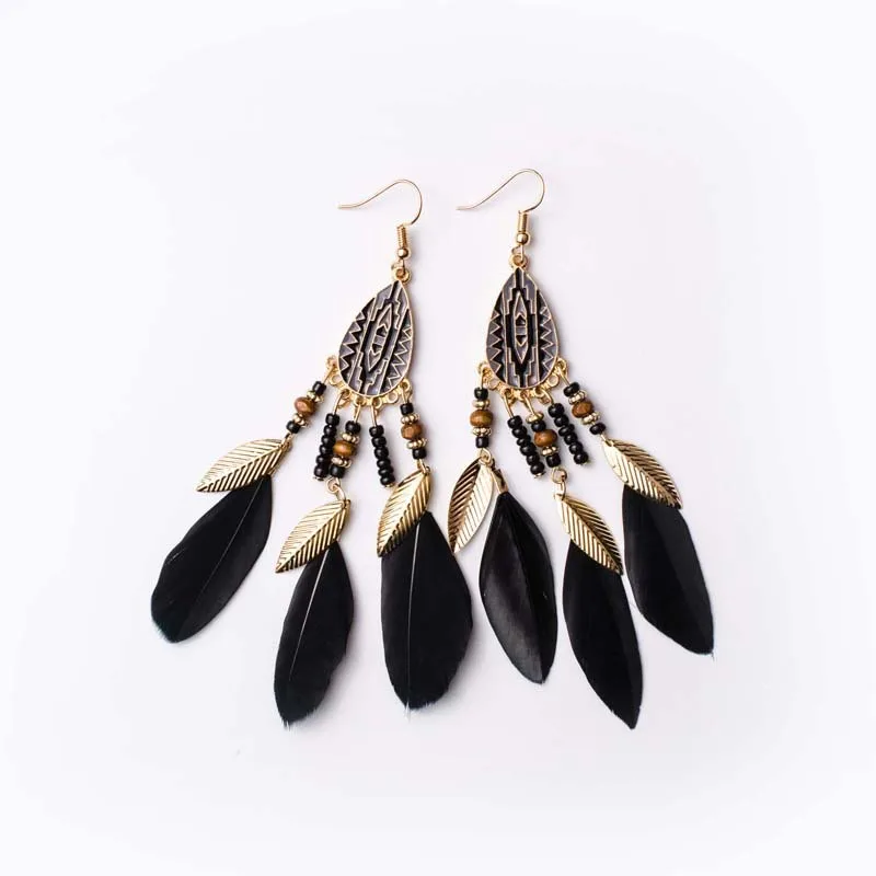 Venta al por mayor de pendientes colgantes con borlas de plumas para mujer, pendientes largos geométricos esmaltados coloridos bohemios, cuentas, joyería hecha a mano