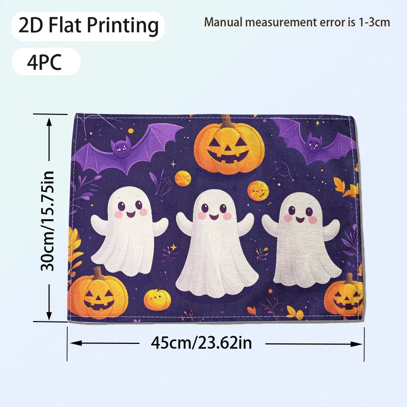 4pcs Place Mats, Cartoon Style Halloween Cheerful Cute Ghosts Pumpkins Pattern, 2D Flat Printing, Fade-Resistant, Polyester