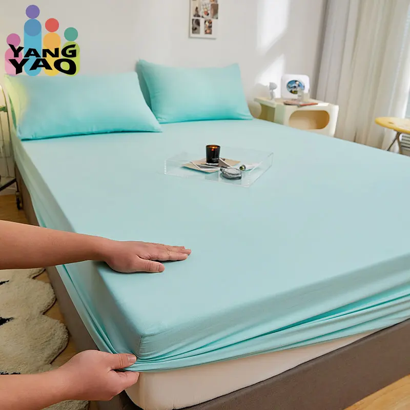 

Solid Color Fitted Sheet Mattress Cover Bed Linen with Elastic Band Mattress Protector Pad 100%Polyester King Size Bedding Set