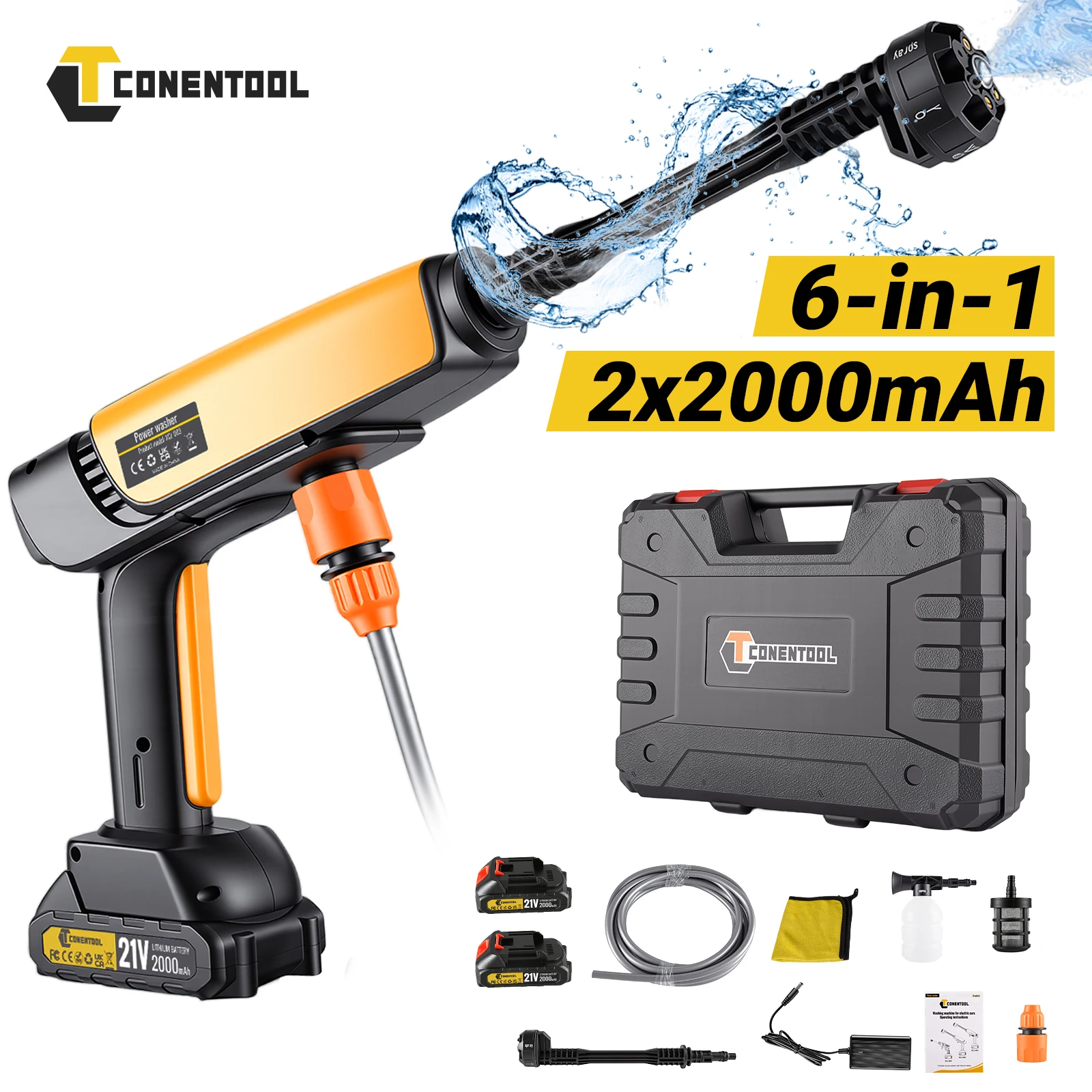 CONENTOOL 6-IN-1 650W Electric High Pressure Washer Spray Gun 200Bar Portable Car Wash Garden Cleaner for Makita 18V Battery Pin