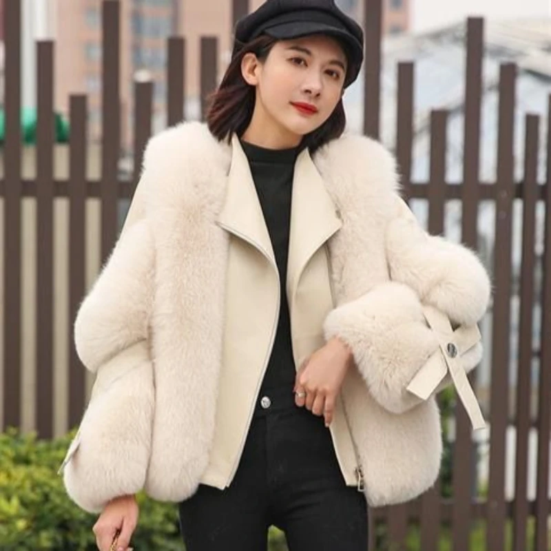

Girlish and Environmentally Friendly New Fur Integrated Motorcycle Uniform Imitation Fox Fur Jacket Is Fashionable and Trendy