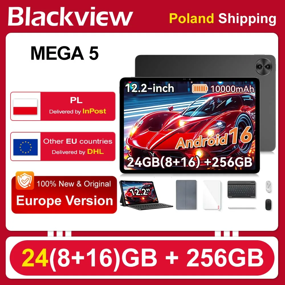 Tablet Blackview Mega 5, 24 GB (8+16) pamięci RAM, 256 GB pamięci ROM, 12,2-calowy ekran 2,4K Ultra‑Clear IPS o częstotliwości odświeżania 120 Hz, technologia Tüv Süd Low Blue Light, system operacyjny (SZARY) — Zdjęcie 2 z 3