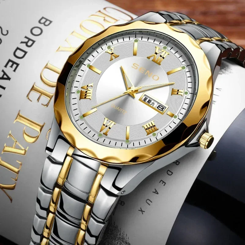 

Лидер продаж, водонепроницаемые немеханические мужские часы, прямая трансляция, мужские часы со стальным ремешком, кварцевые часы со светящимся календарем