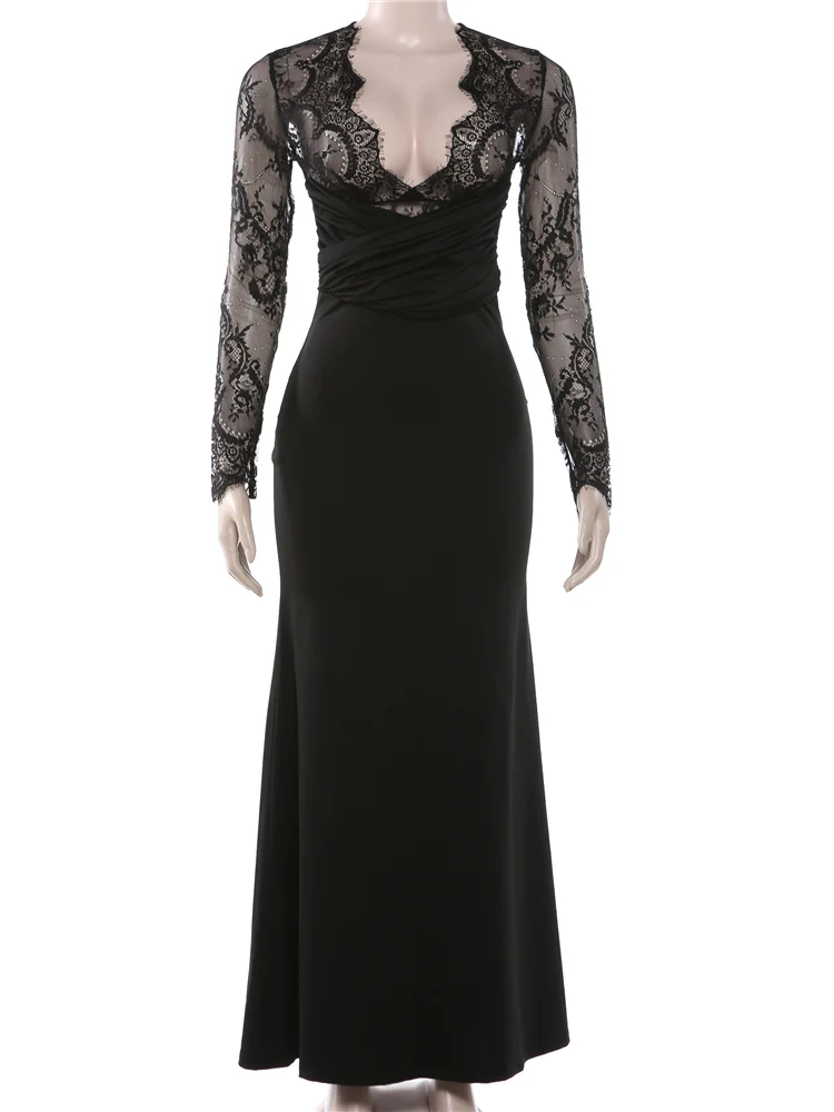 Weird Puss Coquette Jacquard Dress Women Lace Patchwork Deep V-Neck Ruched Bandage Sexy Stretch Skinny Prom Party Maxi Bodycon