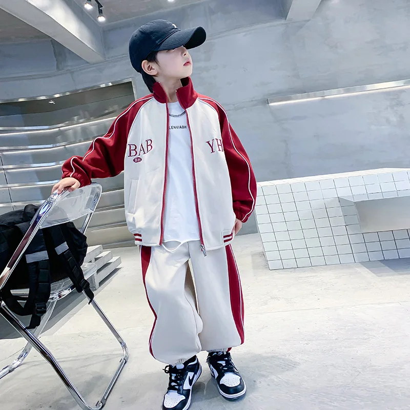 Spring Junior Boy 2PCS Clothes Sporty Set White Red Color Block Letter Printed Zipper Jacket Ribbed Cuffs Track Pant Match Suits