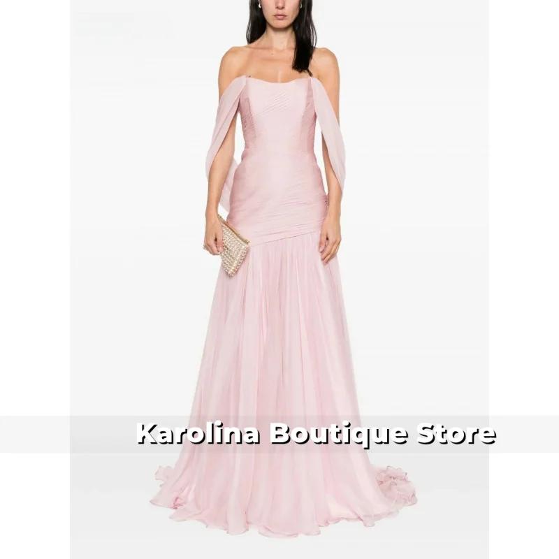 لامعة حورية البحر الوردي قبالة الكتف الطية فساتين طويلة حزب أثواب رسمية للنساء بلا أكمام فستان حفلات بسيط تخصيص