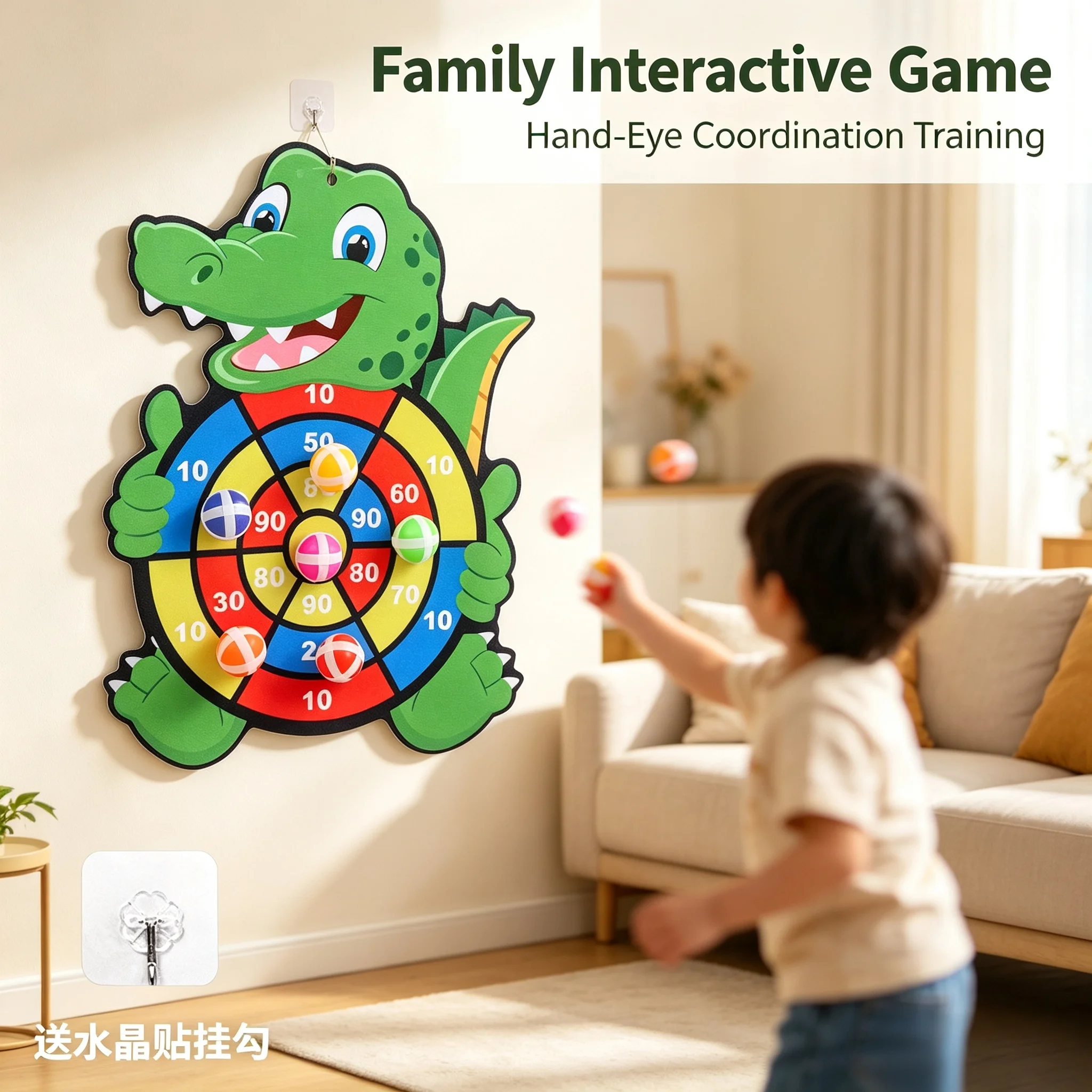 Crocodile-Themed Soft Velcro Dartboard for Kids – 3-Step Hanging Game with Sticky Balls, Safe & Fun for Indoor/Outdoor Play
