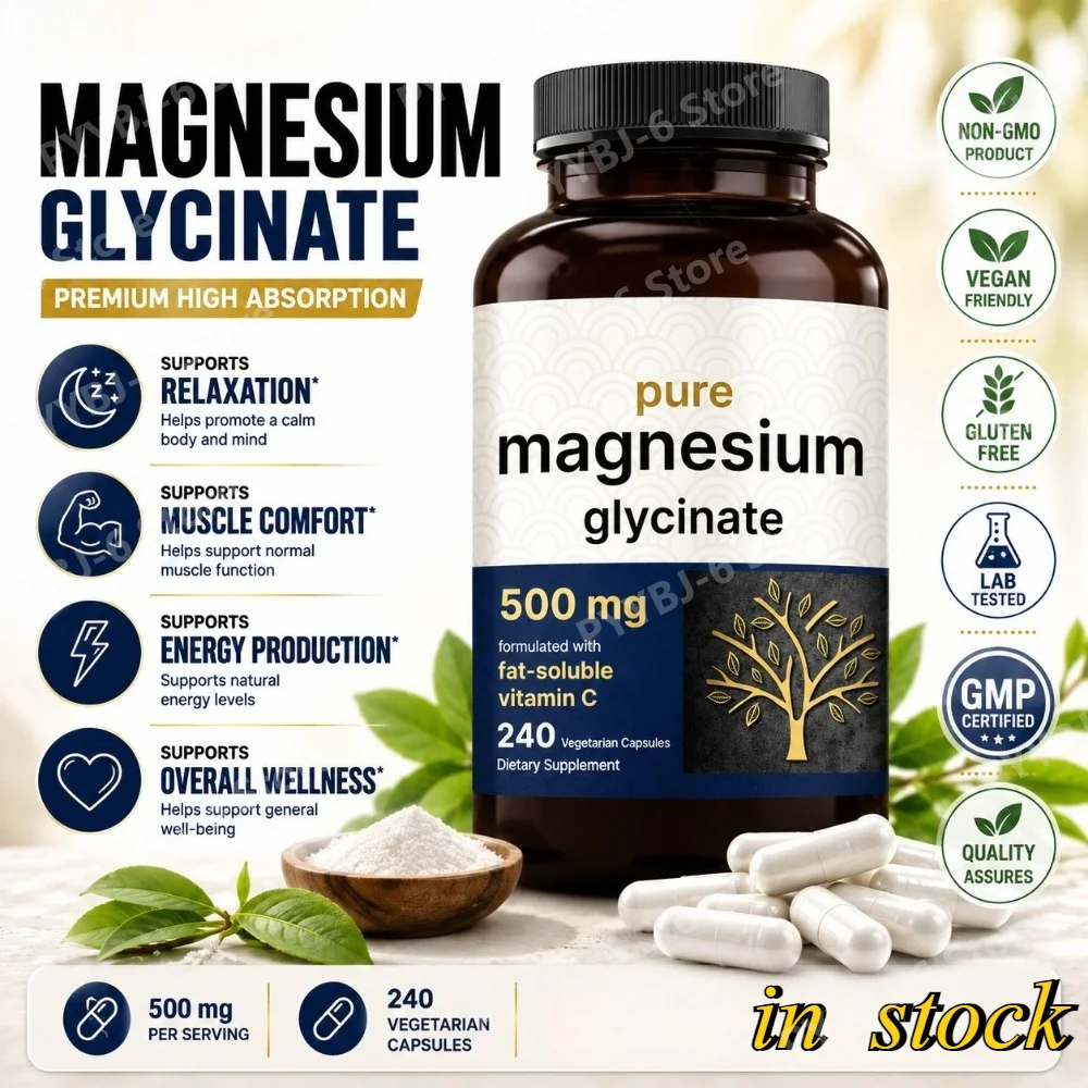 

Pure Magnesium Glycinate 500mg with Fat-Soluble Vitamin C 240 Vegetarian Capsules Daily Mineral Support for Sleep & Muscle