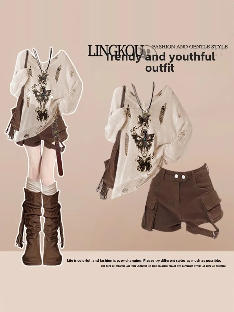 

Large Size Western Sle Tee-Piece Set Hollow out Denim Cover up Women's Summer Faion Outfit ort orts Long Sve