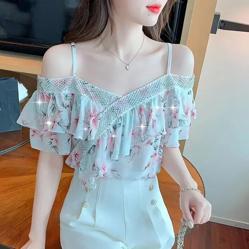 Word Shoulder Suspenders Top Heavy Industry Bead Short Sleeve Lotus Leaf Side Chiffon Shirt Summer 2022 New Floral Small Shirt