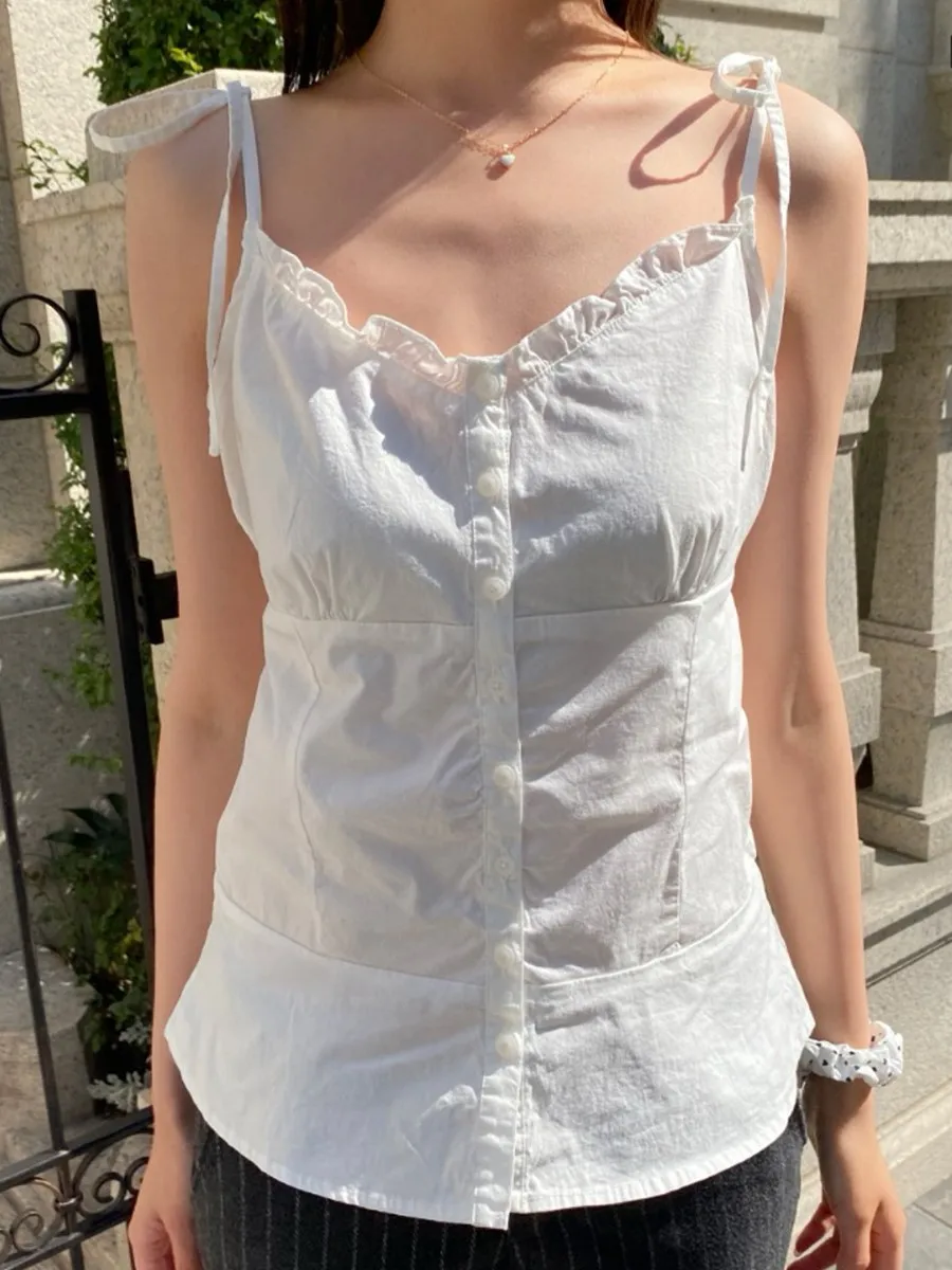 White Simple Lace Trim Lace-up Tank Tops Women Summer New Single Breasted V-neck Slim Camisole Female Sweet Cotton Vest Y2k Tops