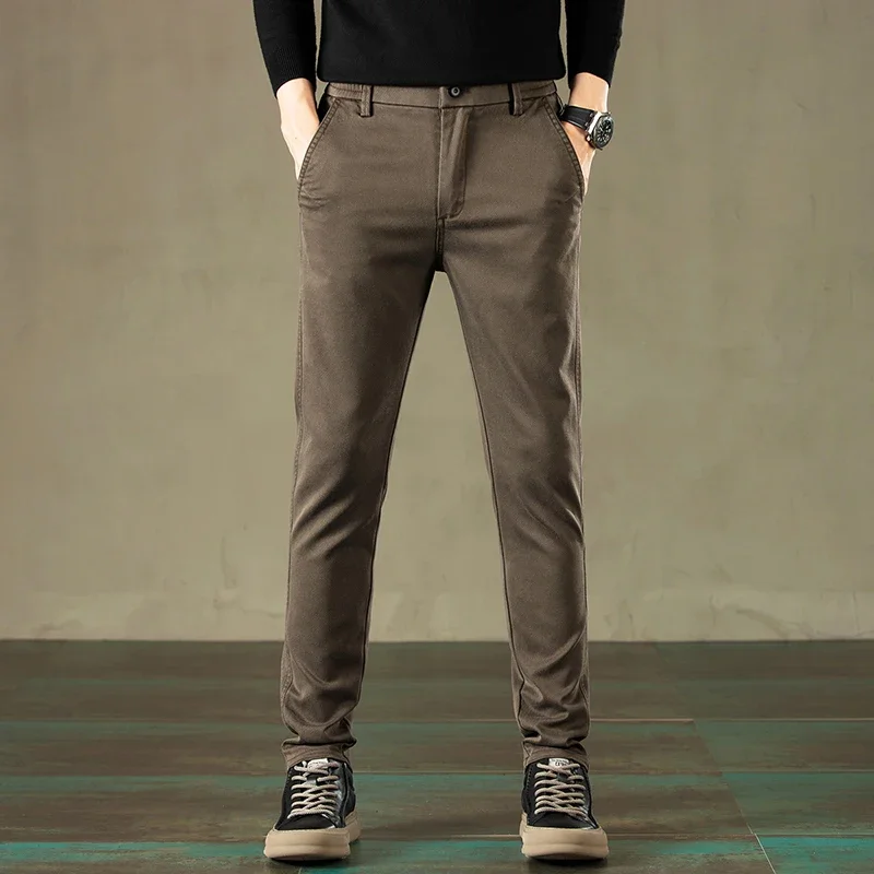 2024 Spring New Men\'s Casual Pants Brand Clothing Business Elastic Waist Thick Classic Slim Trousers Male Black Grey Brow