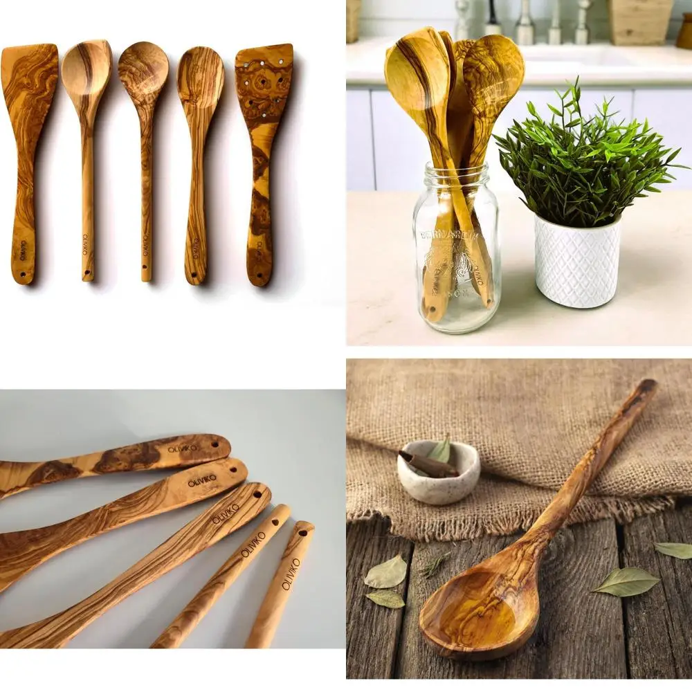 

Набор посуды ручной работы из 5 предметов из оливкового дерева | Сейф для сковородок с антипригарным покрытием | Идеально подходит для приготовления пищи, выпечки, сервировки | Экологичный, BPA-f