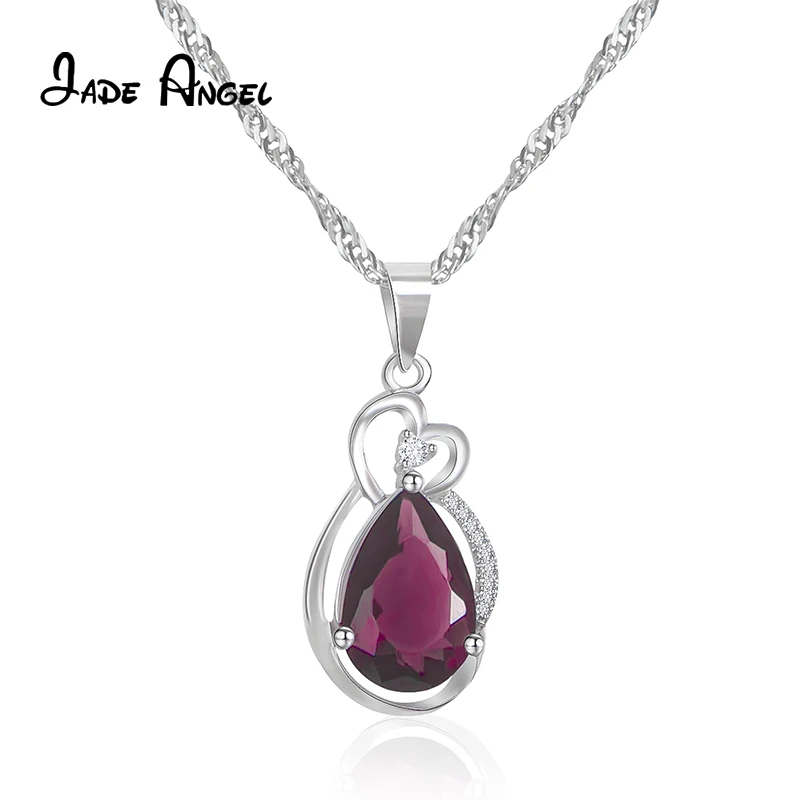 Jade Angel Teardrop Purple Cubic Zirconia Hollowed-out Heart Shaped 925 Sterling Silver Pendant Necklace for Women Banquet Gifts