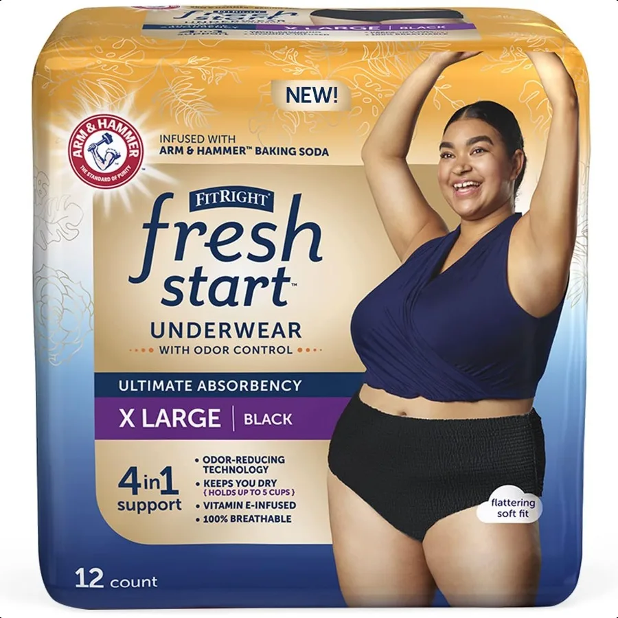 

FitRight Fresh Start Incontinence and Postpartum Underwear for Women XL Black 12 Count Ultimate Absorbency Underwear with The