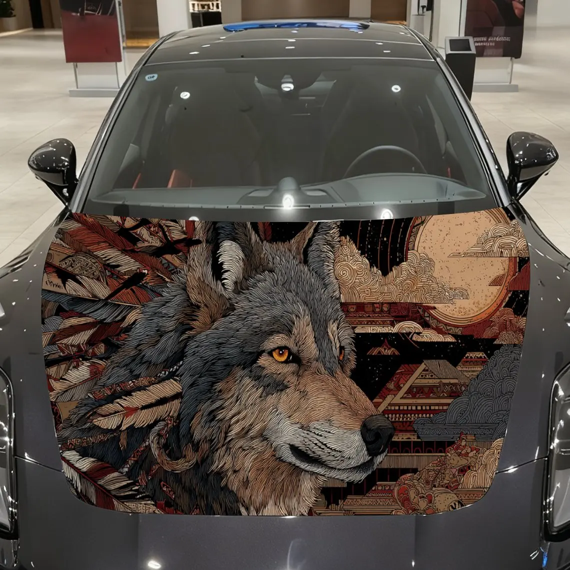 Native American Art Wolf Auto Cover Sticker, Waterproof and Self-adhesive Auto Hood Decal, Auto Vinyl Wraps, Cool Car Exterior D