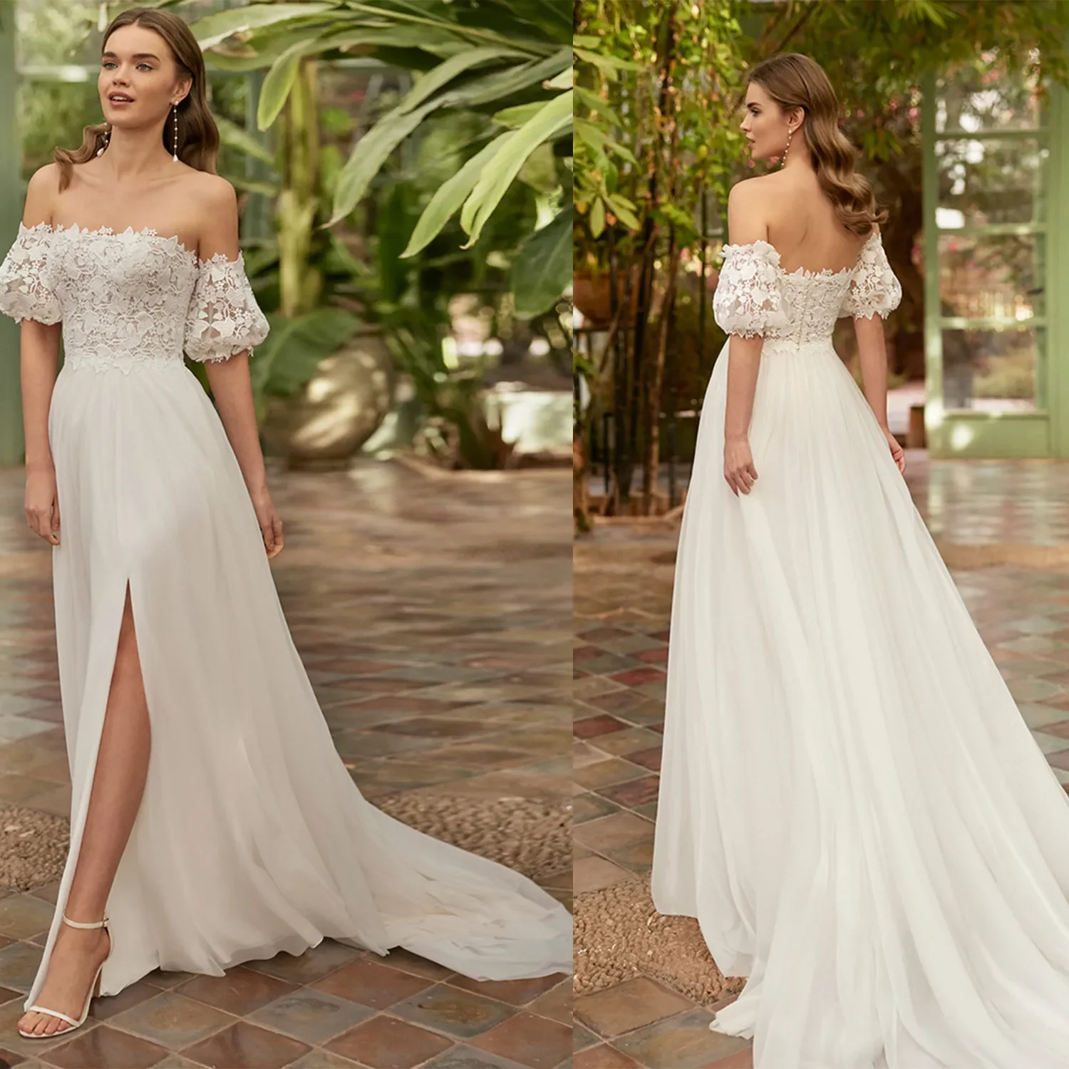 

Princess Luxury Boho A-Line applique Wedding Dress Puffy short sleeves with sexy side slit new custom beach bridal dress