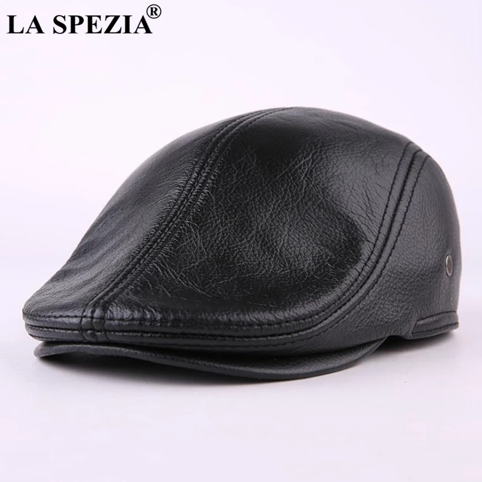 LA SPEZIA Classic Beret Caps Men Warm Genuine Leather Caps Ivy Windproof Duckbill Hat Burgundy Winter Luxury Brand Flat Hats