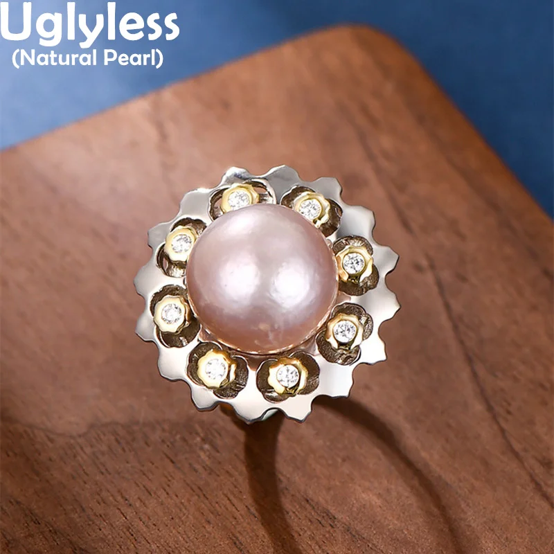 

Uglyless Blooming Sparkly Zircons Crystals Flower Rings Women Freshwater Pearls Rings Exaggerated Big Impressive Ring 925 Silver