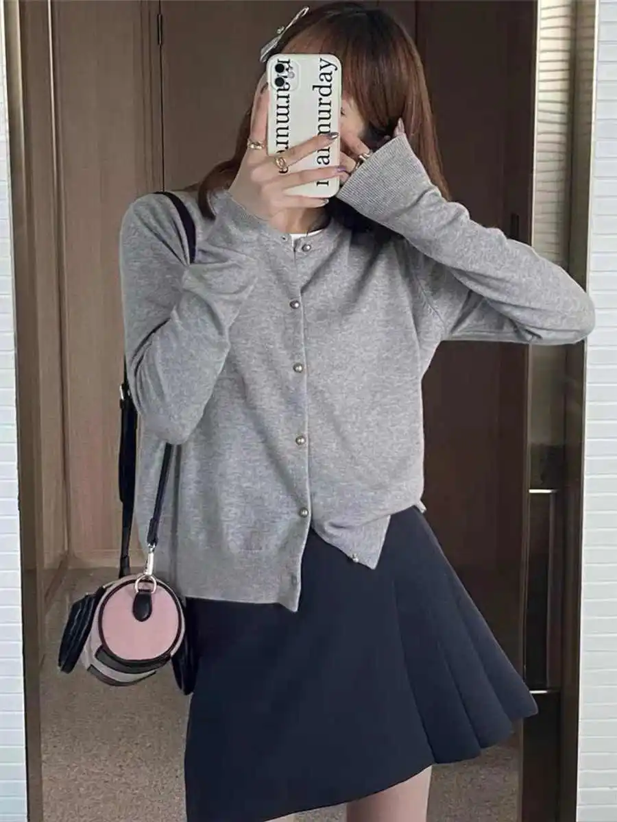 ニットセーター女性カーディガンファッション長袖 O ネック黒ニットセーターカーディガン女性トップスセーターセーターデ Mujer Q825