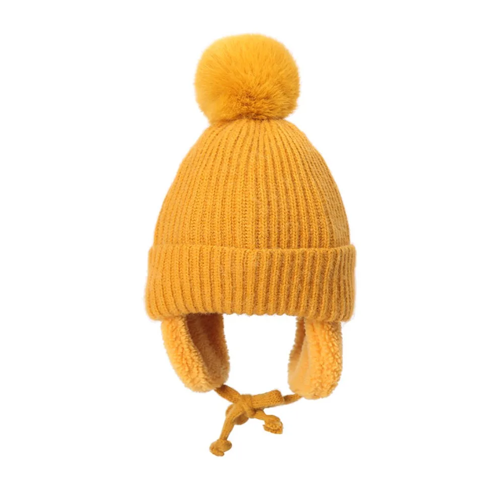 

All-match Plush Children Knitted Hat Ear Protection Warm Pompom Beanie with Earflap Cute Cartoon Wool Cap Boy