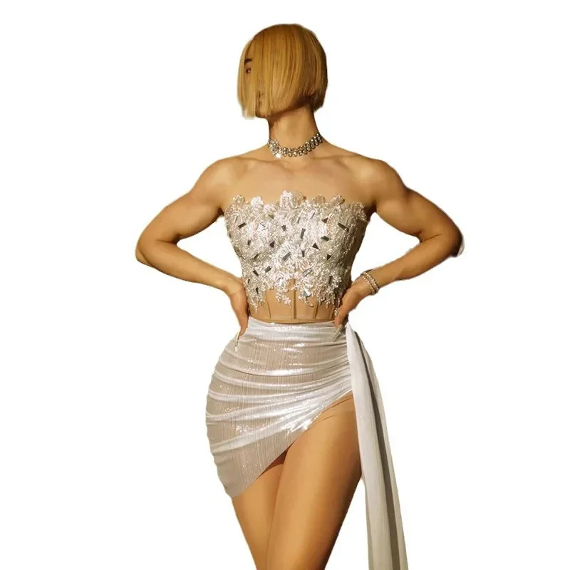 Sparkly Mirrors Evening Prom Celebrate Birthday Party Gown Photo Shoot Wear Fashion Women White Bandage Short Dress 2 Pieces Set