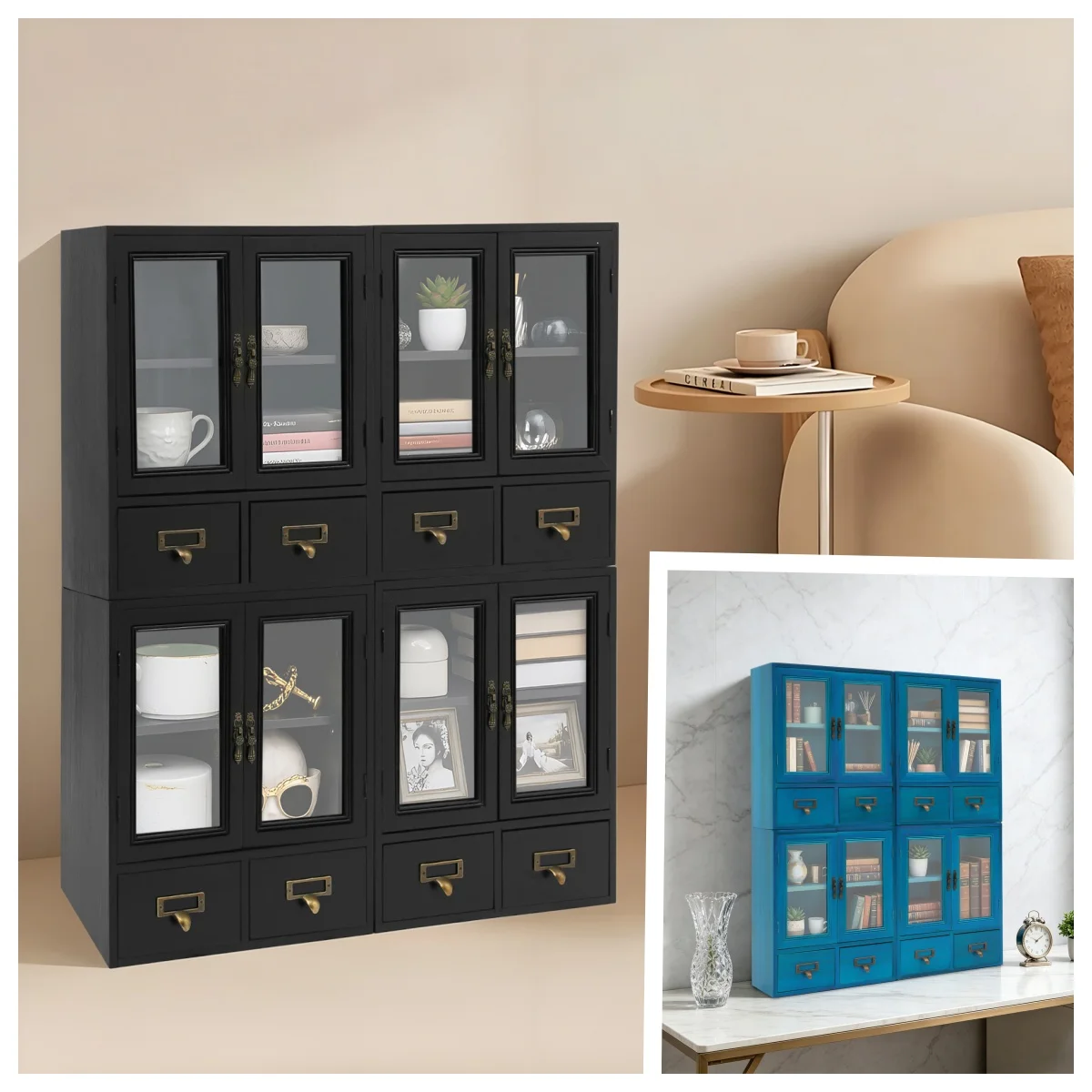 4-Piece Vintage Storage Cabinets, Set Of 4 Double-Door Storage Cabinet, 4-Pack Stackable Modular Storage Cabinets
