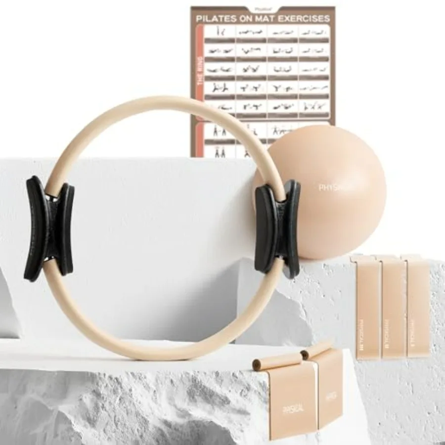 Pilates Kit, 15-Inch Pilates Ring with 1x Core Ball, 3X Resistant Loops and 2X Flex Bands, Home Pilates Equipment Set and Mat P