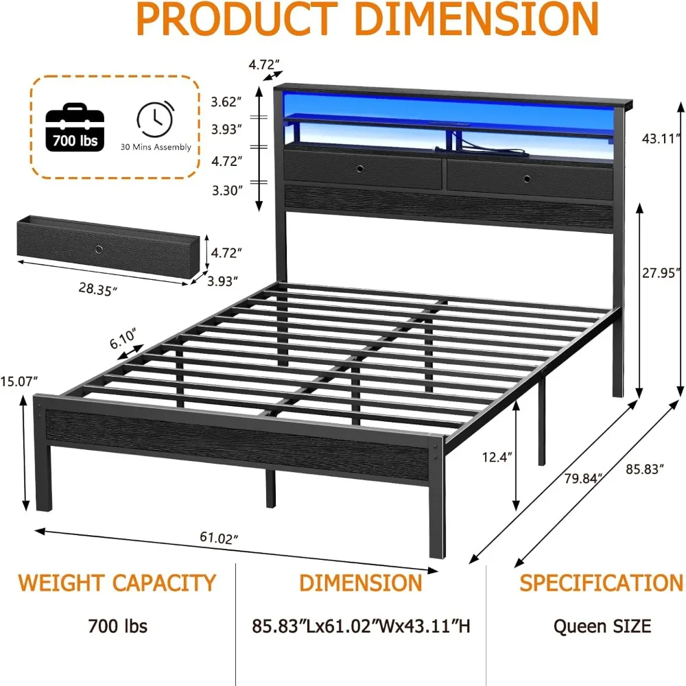 

Large Bed Frame with Headboard and 2 Fabric Drawers, Large Bed Frame with LED Lights, Built-in Charging Station